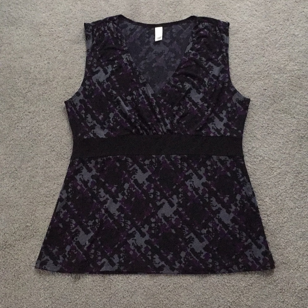 Sleeveless Black, Gray, and Purple Shirt